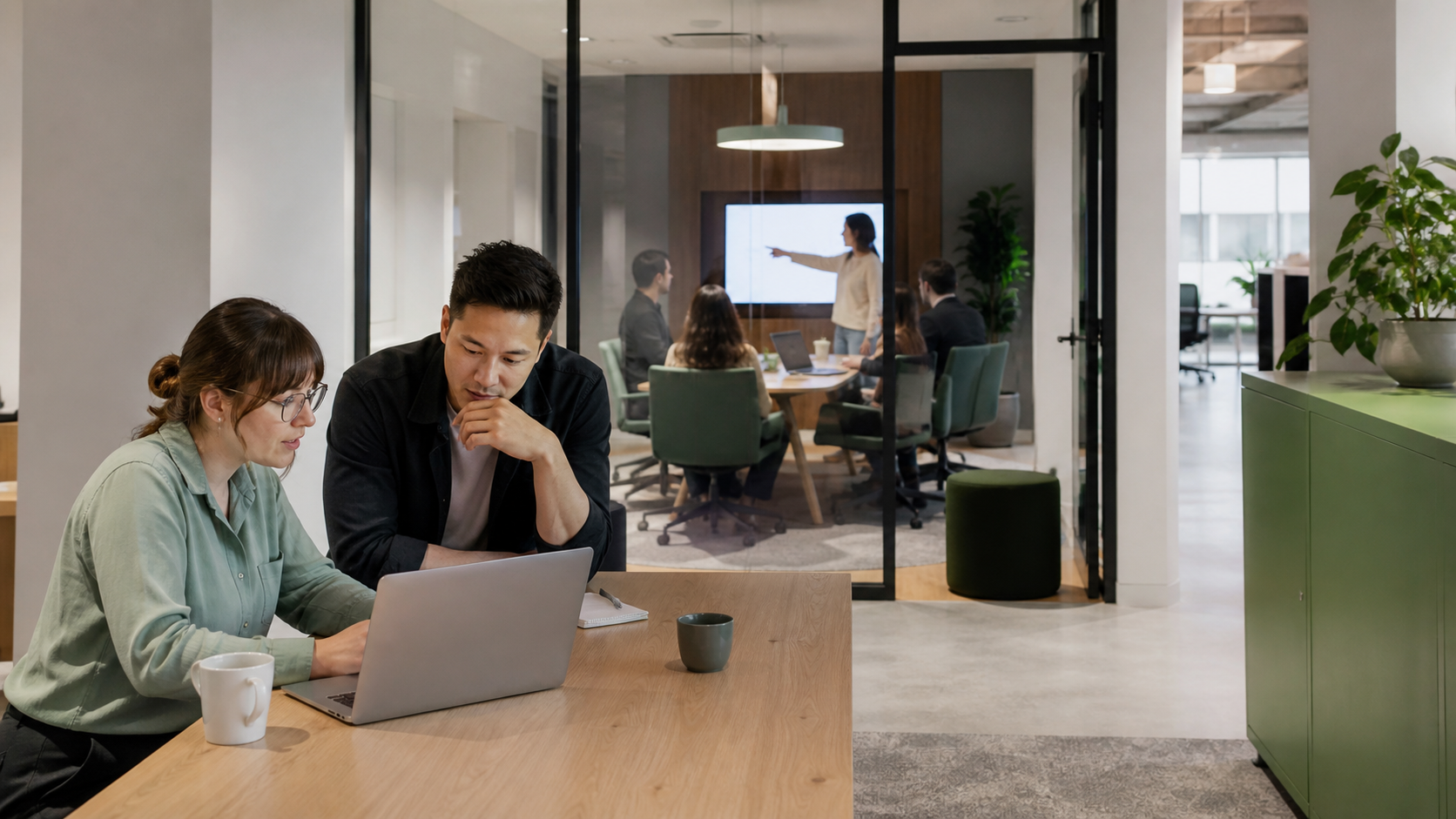 Profesionales trabajando y realizando una presentación